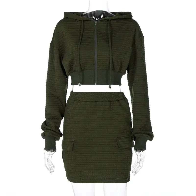 Textured Hooded Skirt Set