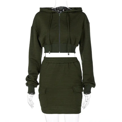 Textured Hooded Skirt Set