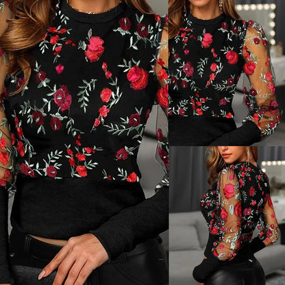 Women Mesh Embroidered Floral Long Sleeve Blouse