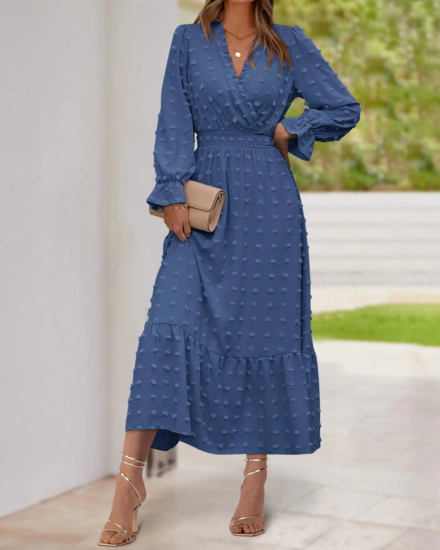 Women Long Sleeve V Neck Dress