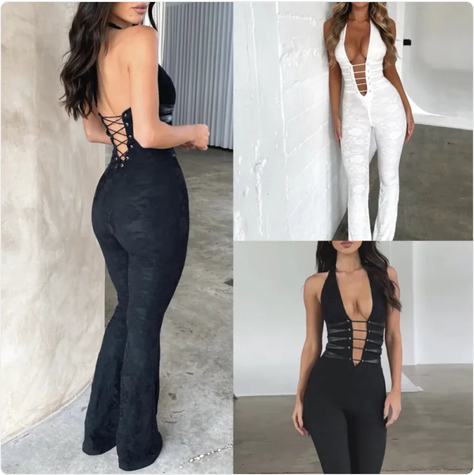 See-Through Lace-Up Slim Fit Jumpsuit