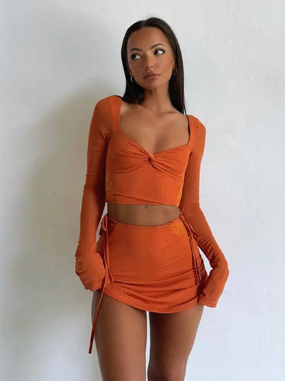 2 Pieces Outfits Long Sleeve Crop Tops