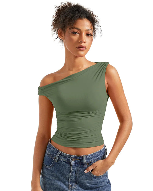 SUUKSESS Women Off Shoulder Tops Sleeveless Shirts Y2K Going Out Crop Tank Top Large Army Green