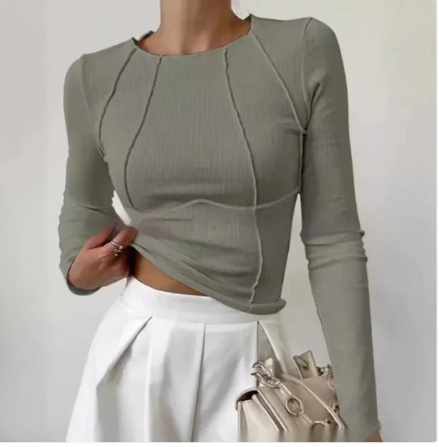 Slim Long Sleeve T-shirt Fashion Solid Color Split Thread Knitted Top Womens Clothing