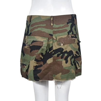 Distressed Camo Cargo Mini Skirt