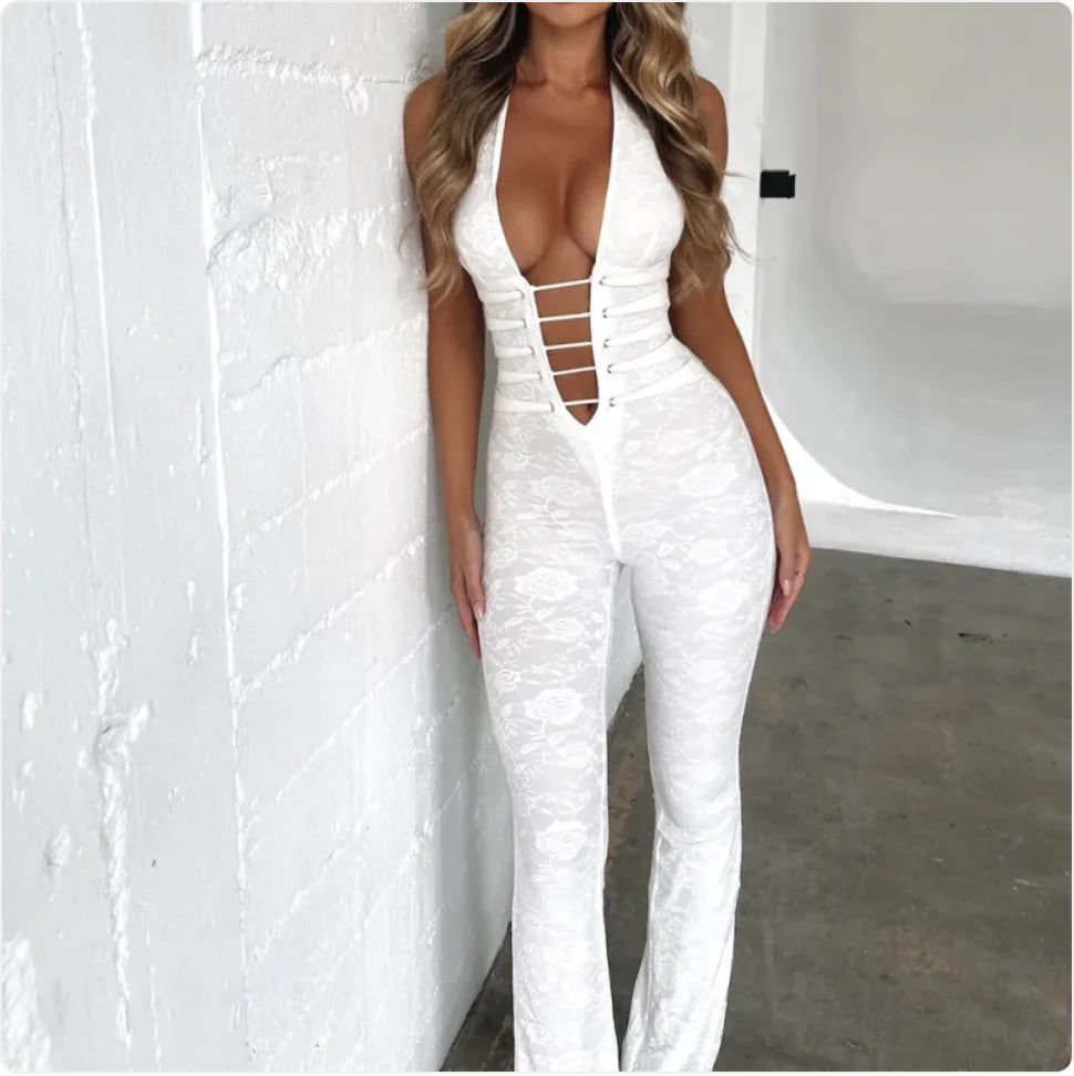 See-Through Lace-Up Slim Fit Jumpsuit