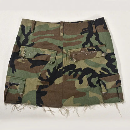 Distressed Camo Cargo Mini Skirt