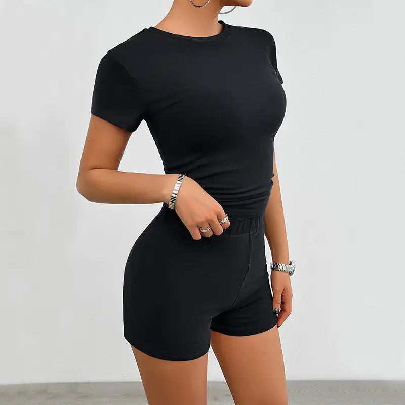 2Pcs Short-sleeved Round Neck T-shirt And Elastic Shorts