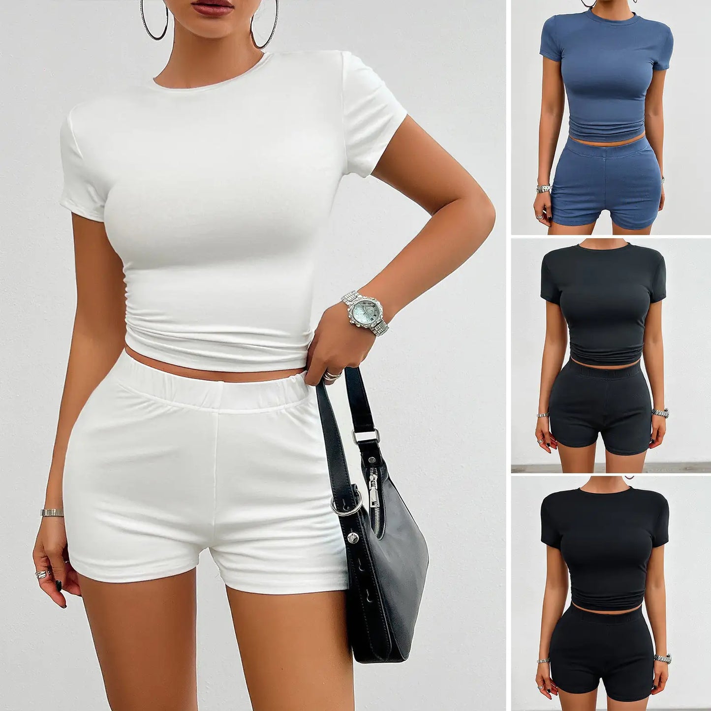 2Pcs Short-sleeved Round Neck T-shirt And Elastic Shorts